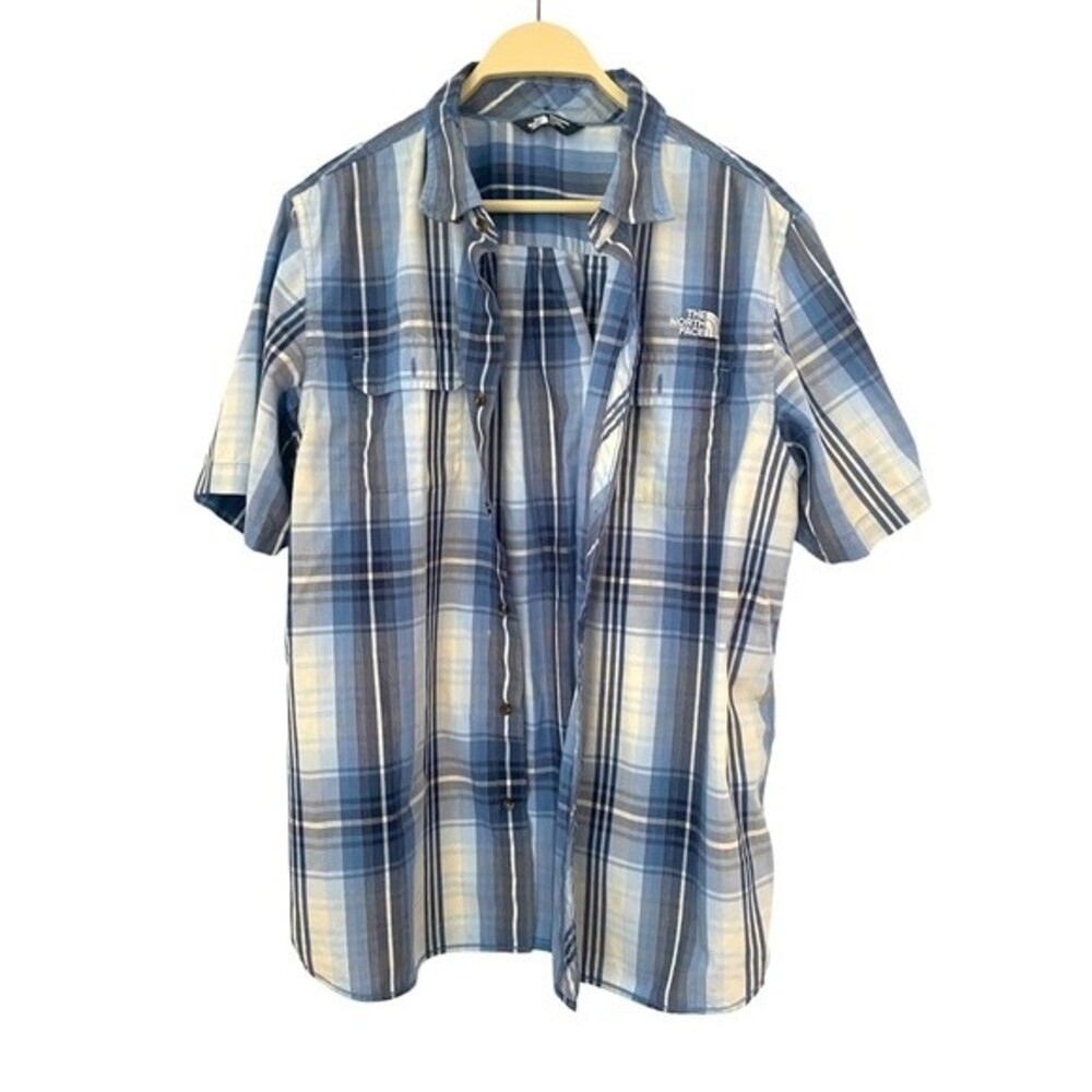 The Northface shirt men blue plaid button up polo casual hiking shirt size large